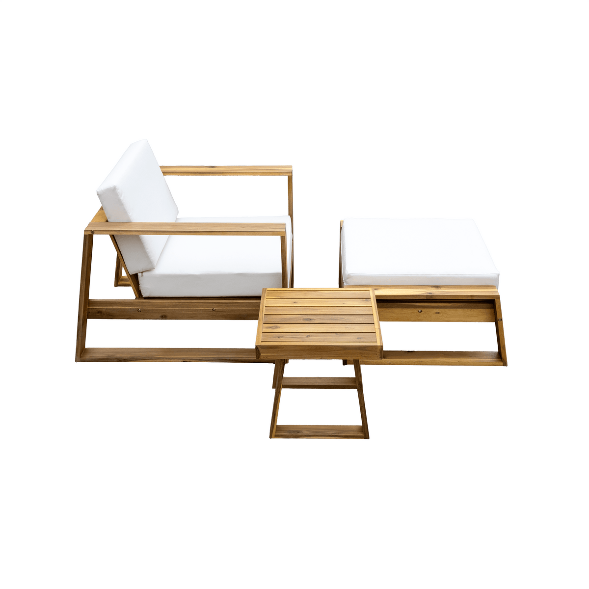 Anthony & Home U Style limited edition acacia wood outdoor lounge set with chair and ottoman, weather-resistant patio furniture.