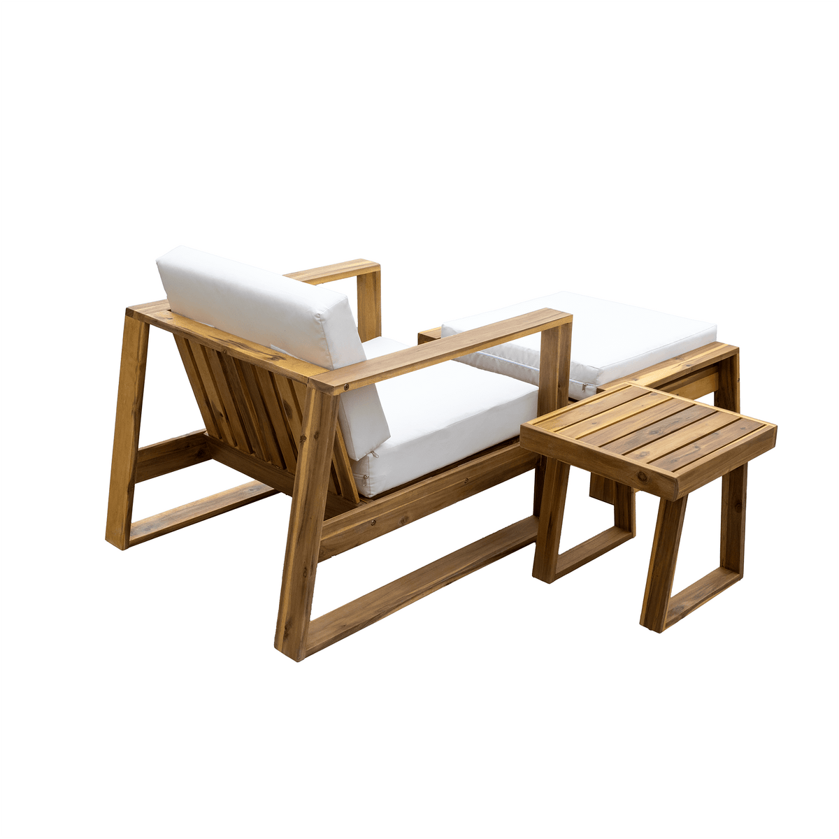 Anthony & Home U Style limited edition acacia wood outdoor lounge set with chair and ottoman, all-weather patio furniture.