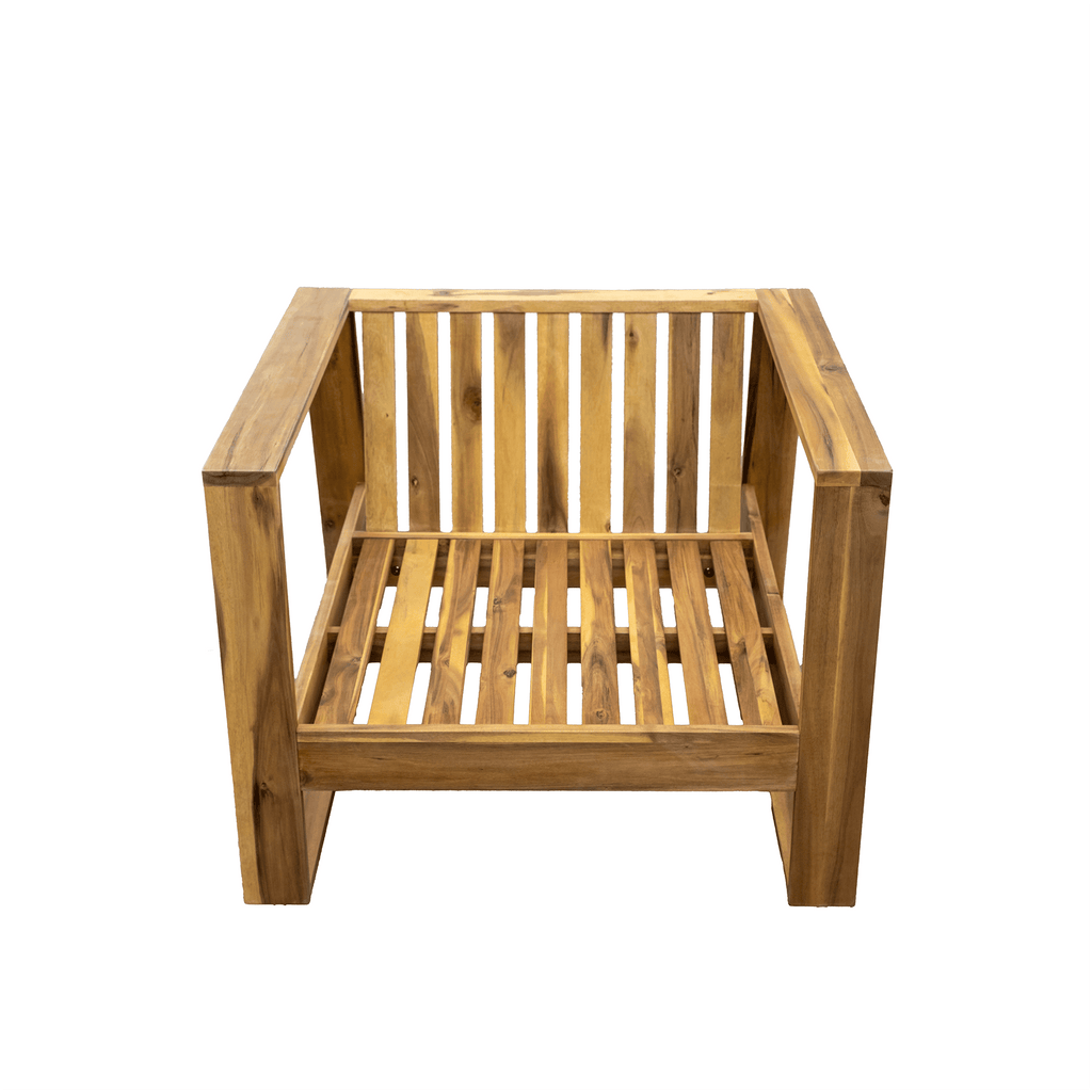 Anthony & Home U Style limited edition acacia wood outdoor lounge set with chair and ottoman, all-weather patio furniture.