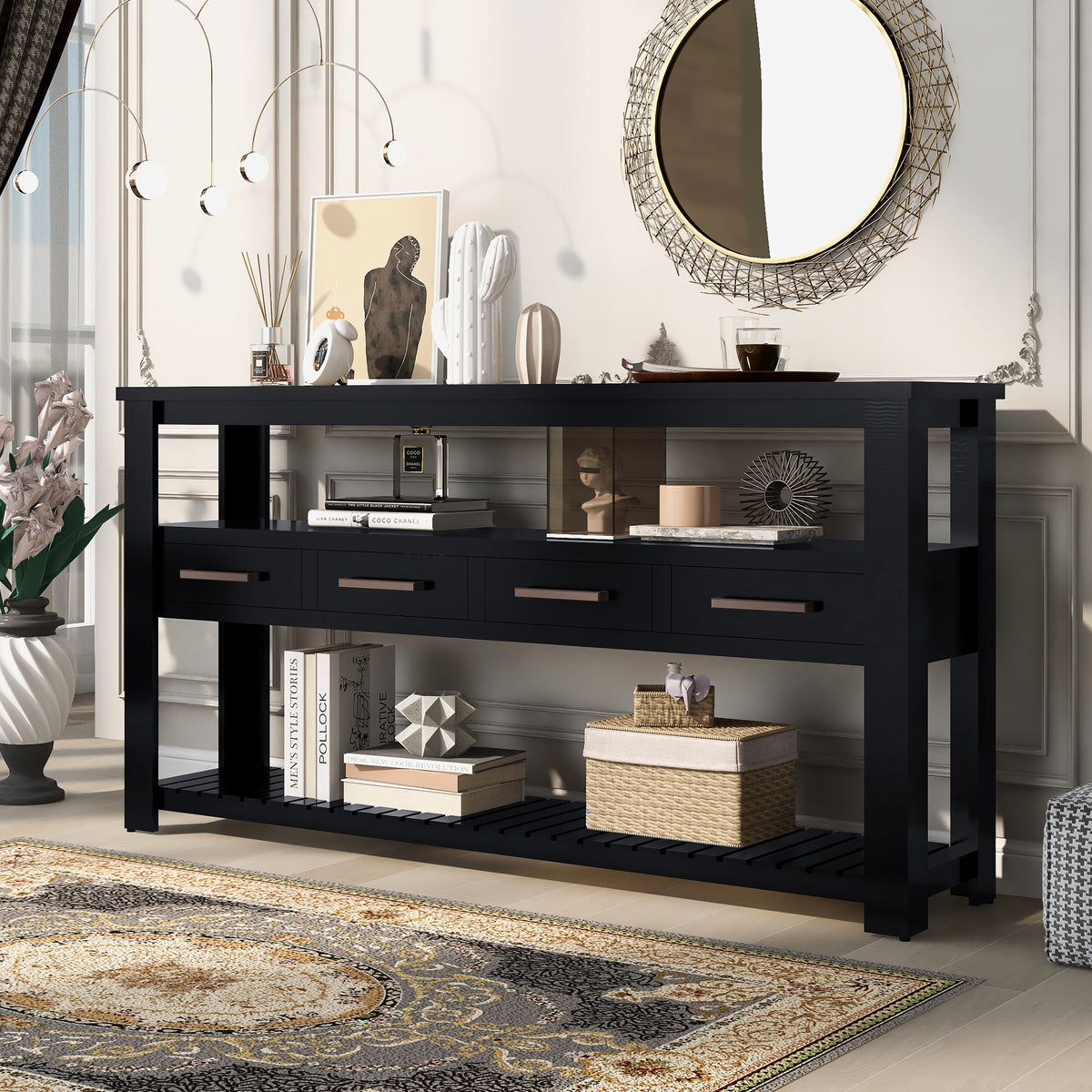 Black painted console table by Anthony & Home with sleek, modern design and clean lines, ideal for entryways or living spaces.