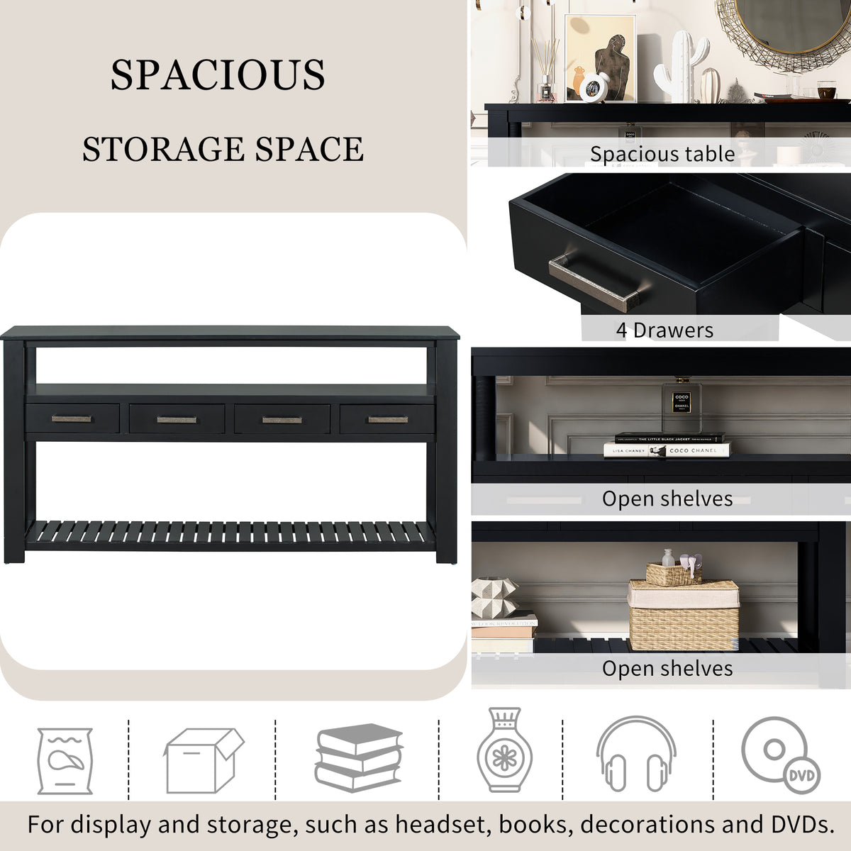 Anthony & Home U Style Signature Painted Black Console Table with sleek design and modern finish, ideal for entryways or living rooms.