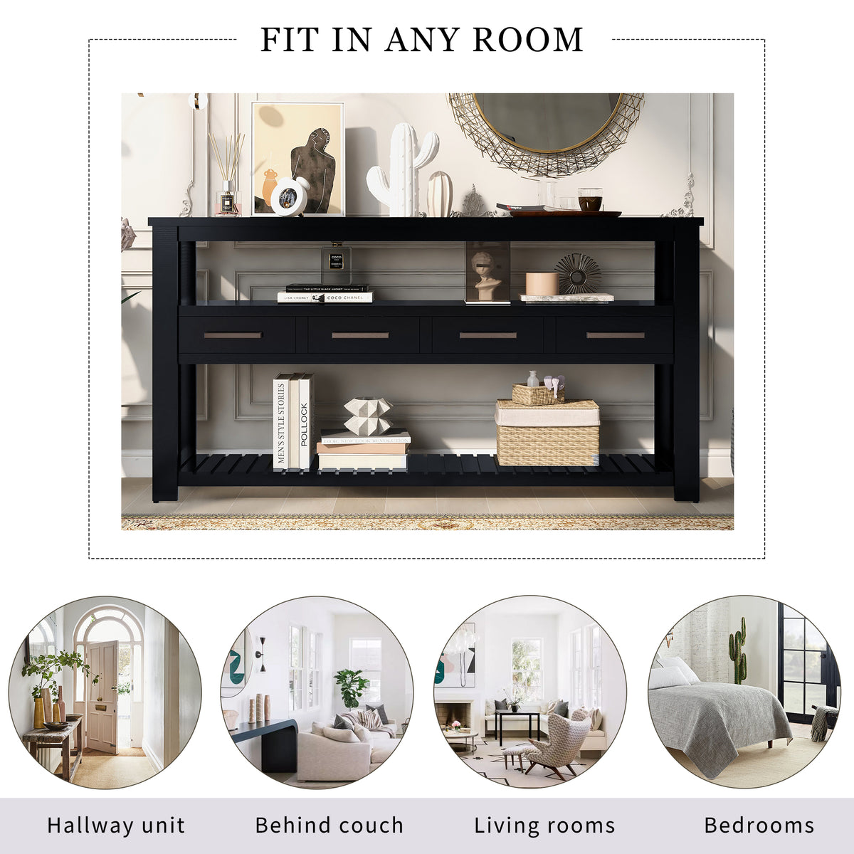 Anthony & Home U Style Signature Painted Black Console Table with sleek design and smooth surface, ideal for entryways or living rooms.