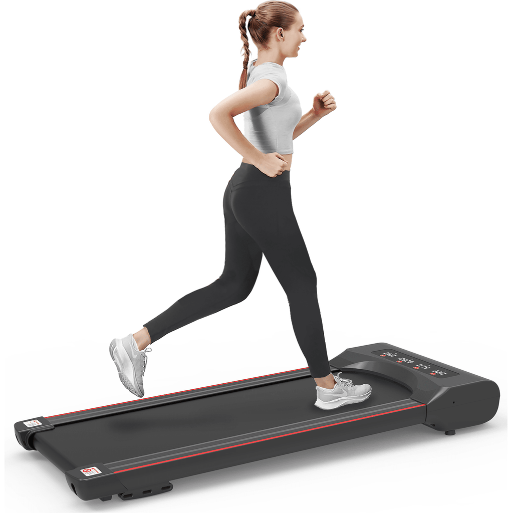 Black steel Under Desk Treadmill Elite Edition from Anthony & Home, with a compact design suitable for office use.