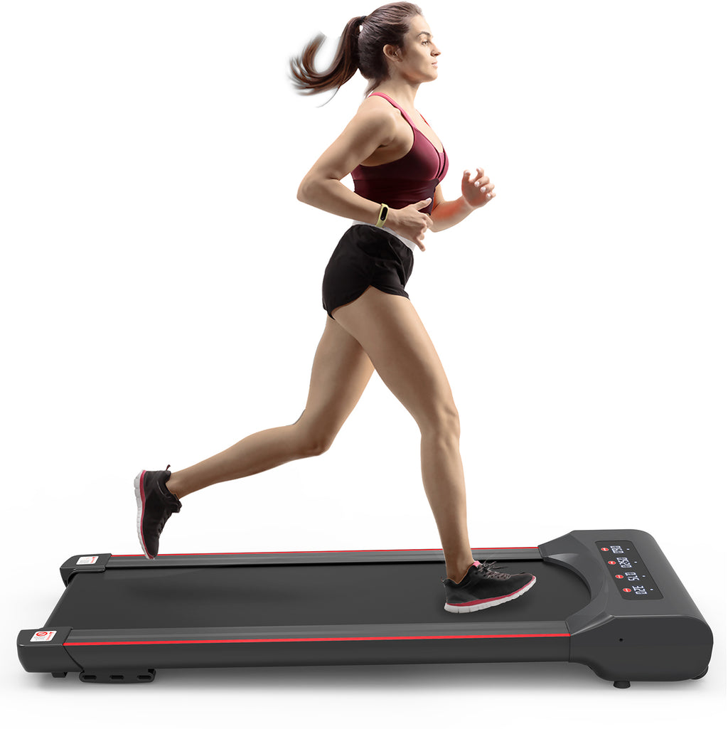 Black steel Under Desk Treadmill Elite Edition by Anthony & Home, shown with a sleek compact design and control panel.