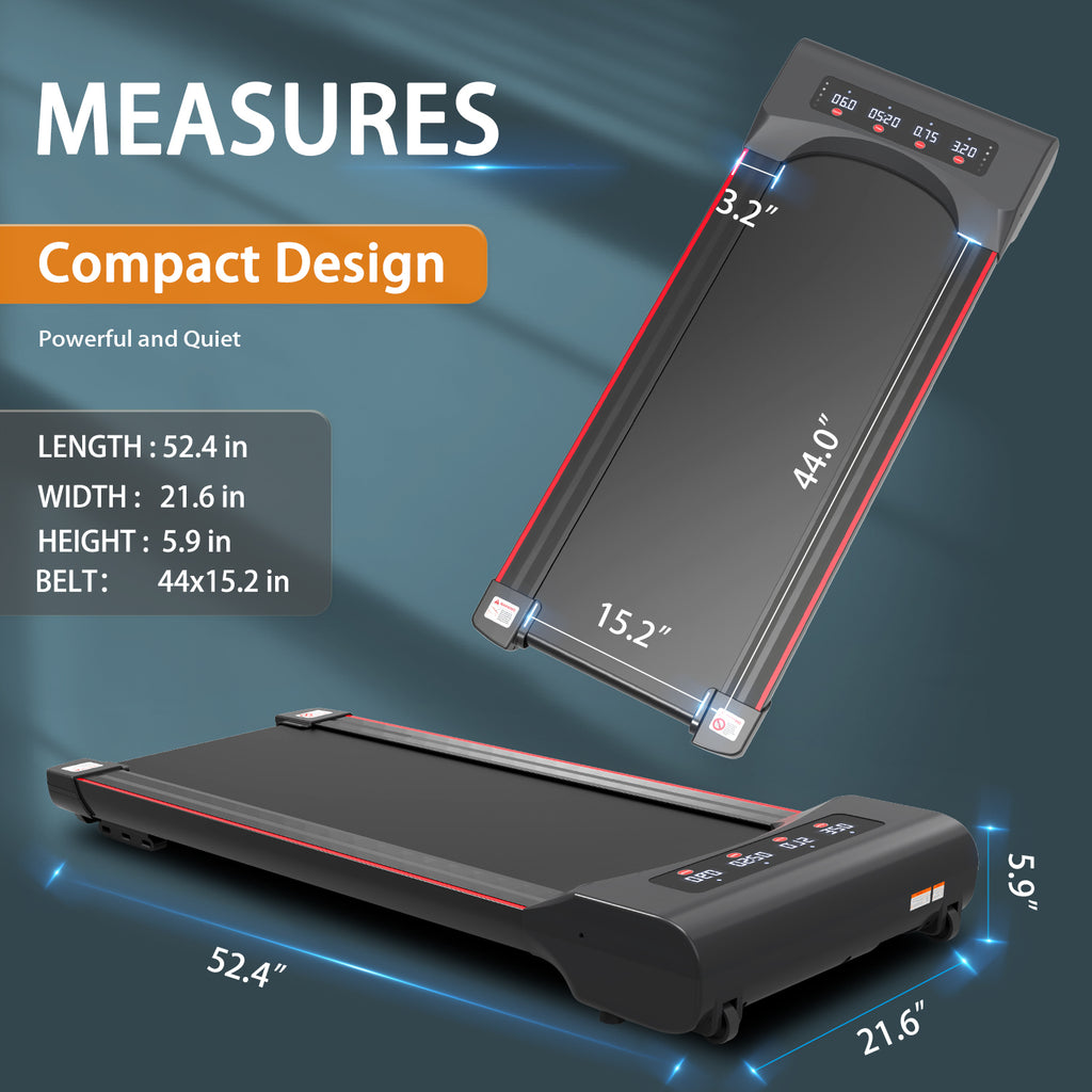 Black steel under desk treadmill Elite Edition by Anthony & Home, showing a compact, sleek treadmill designed for under desk use.