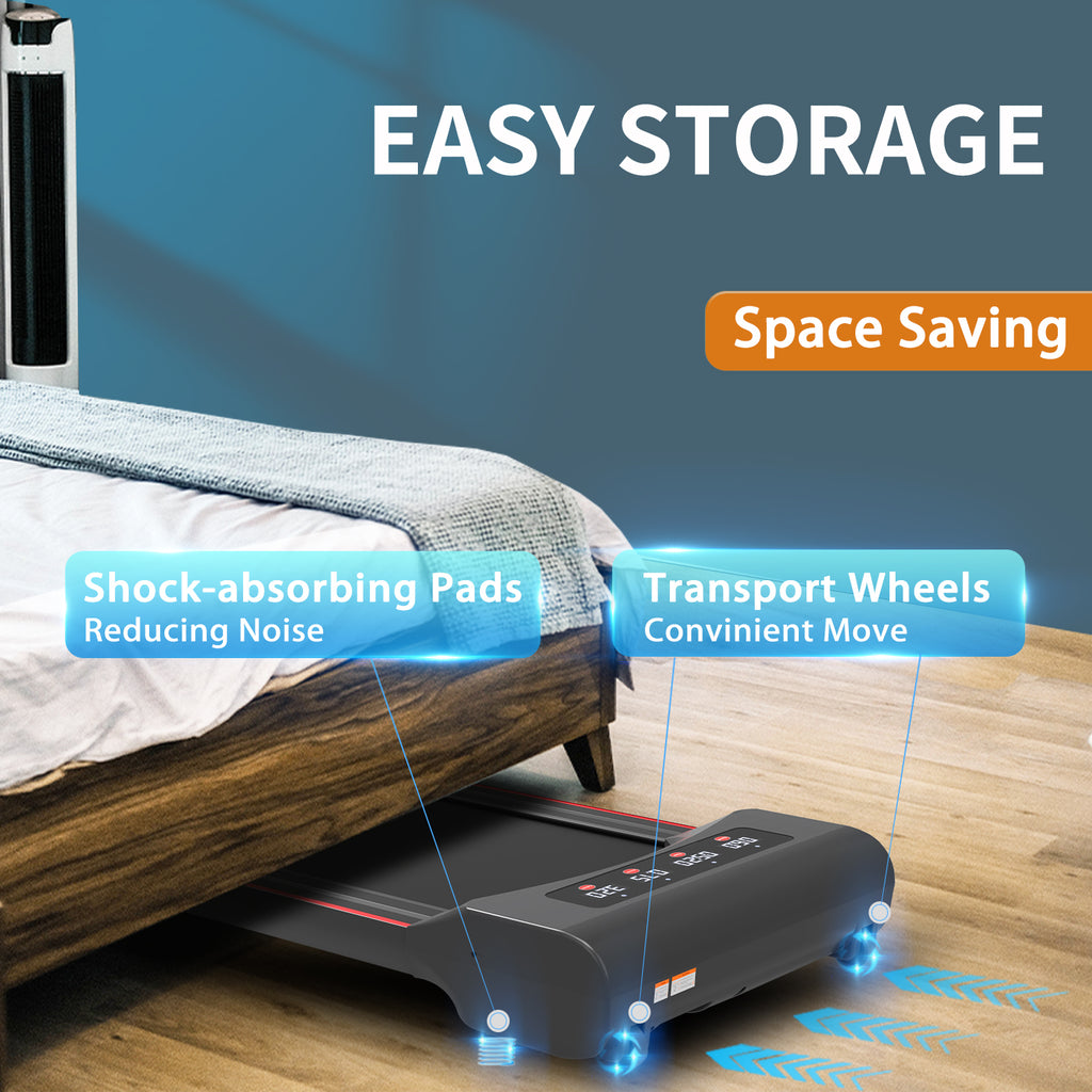 Black steel under desk treadmill Elite Edition by Anthony & Home, compact design suitable for office or home use.