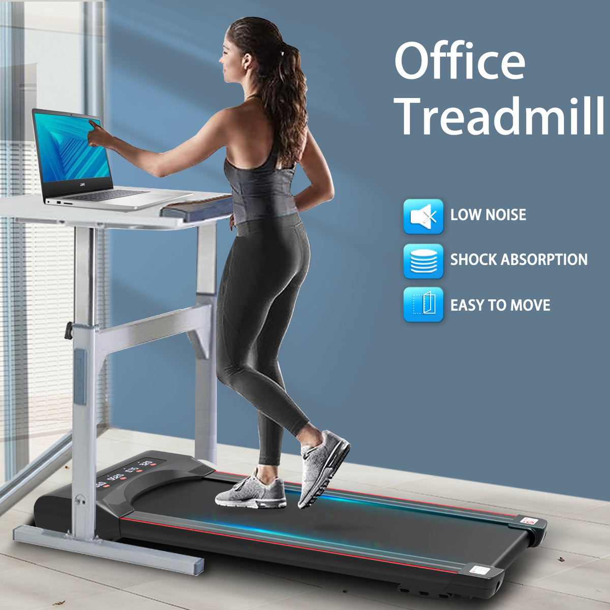 Black steel under desk treadmill Elite Edition by Anthony & Home, showcasing a compact, sleek design for walking workouts at a desk.