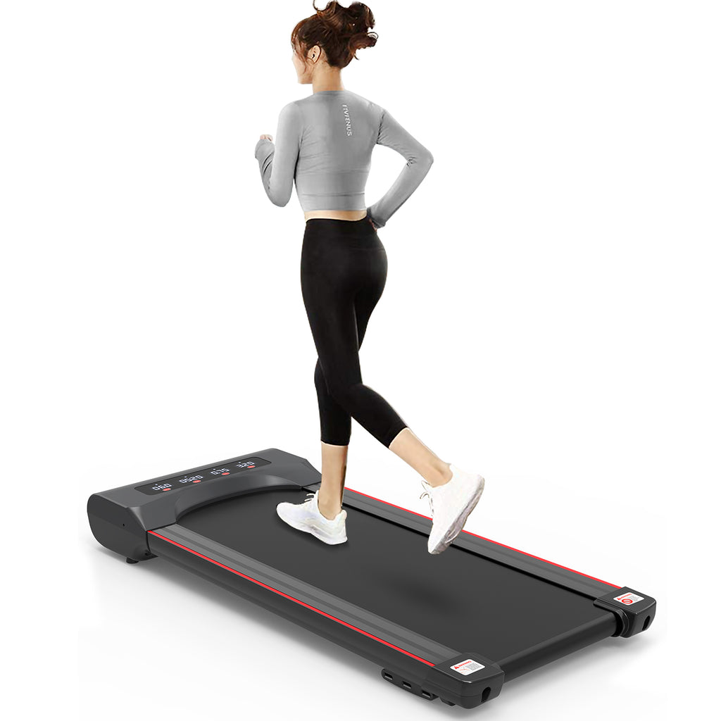 Black steel under desk treadmill Elite Edition by Anthony & Home, compact design suitable for office or home use.