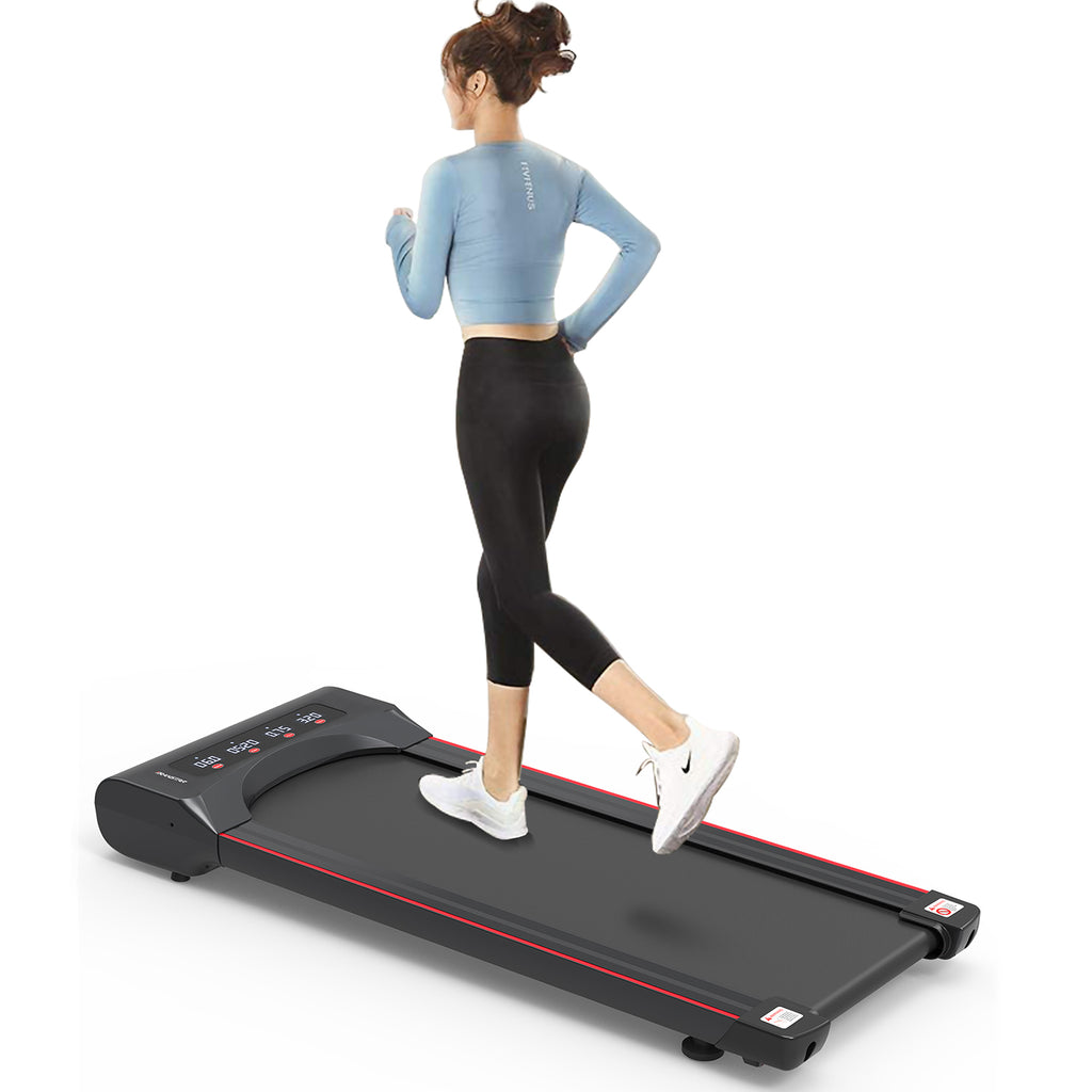 Black steel Under Desk Treadmill Elite Edition by Anthony & Home, featuring a compact design and digital display for walking workouts.