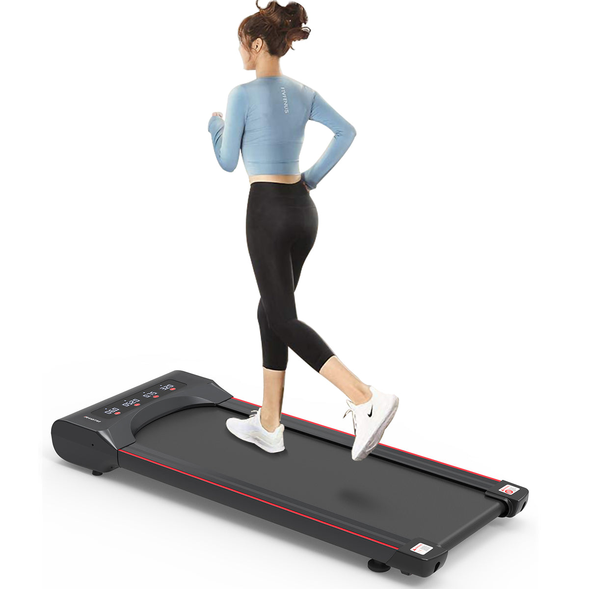 Black steel Under Desk Treadmill Elite Edition by Anthony & Home, featuring a compact design and digital display for walking workouts.