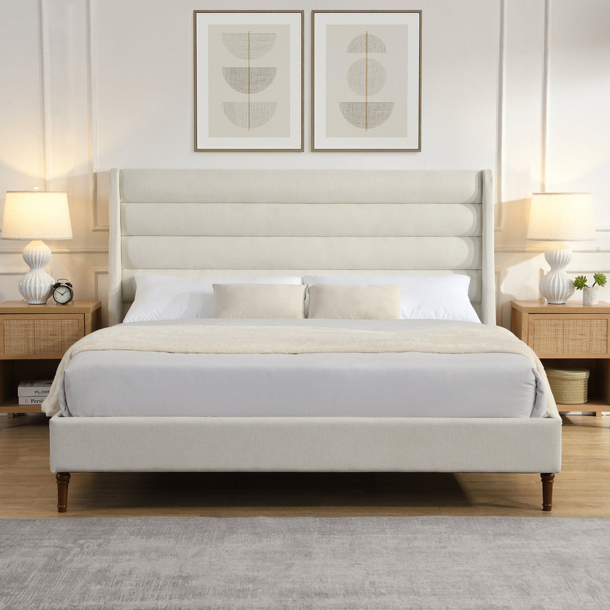Anthony & Home upholstered bed frame with wave headboard, showcasing plush fabric and stylish design from the Exclusive Collection.
