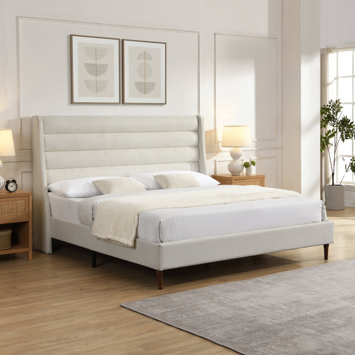 Anthony & Home upholstered bed frame with wave headboard, showcasing a stylish, padded design in a modern bedroom setting.