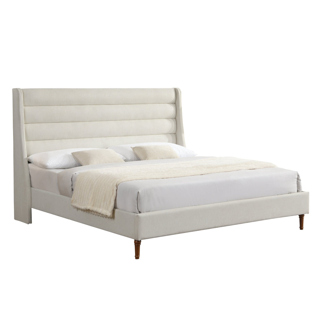 Upholstered bed frame with wave headboard in neutral fabric, from Anthony & Home's exclusive collection, showcasing a modern bedroom design.
