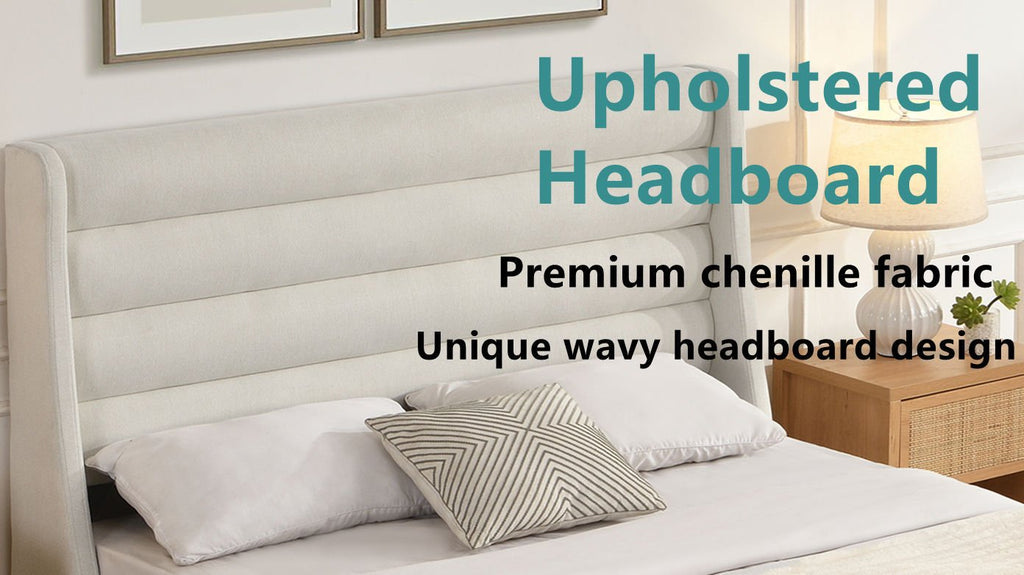 Anthony & Home upholstered bed frame with wave headboard, showcasing plush fabric and modern design for a stylish bedroom.