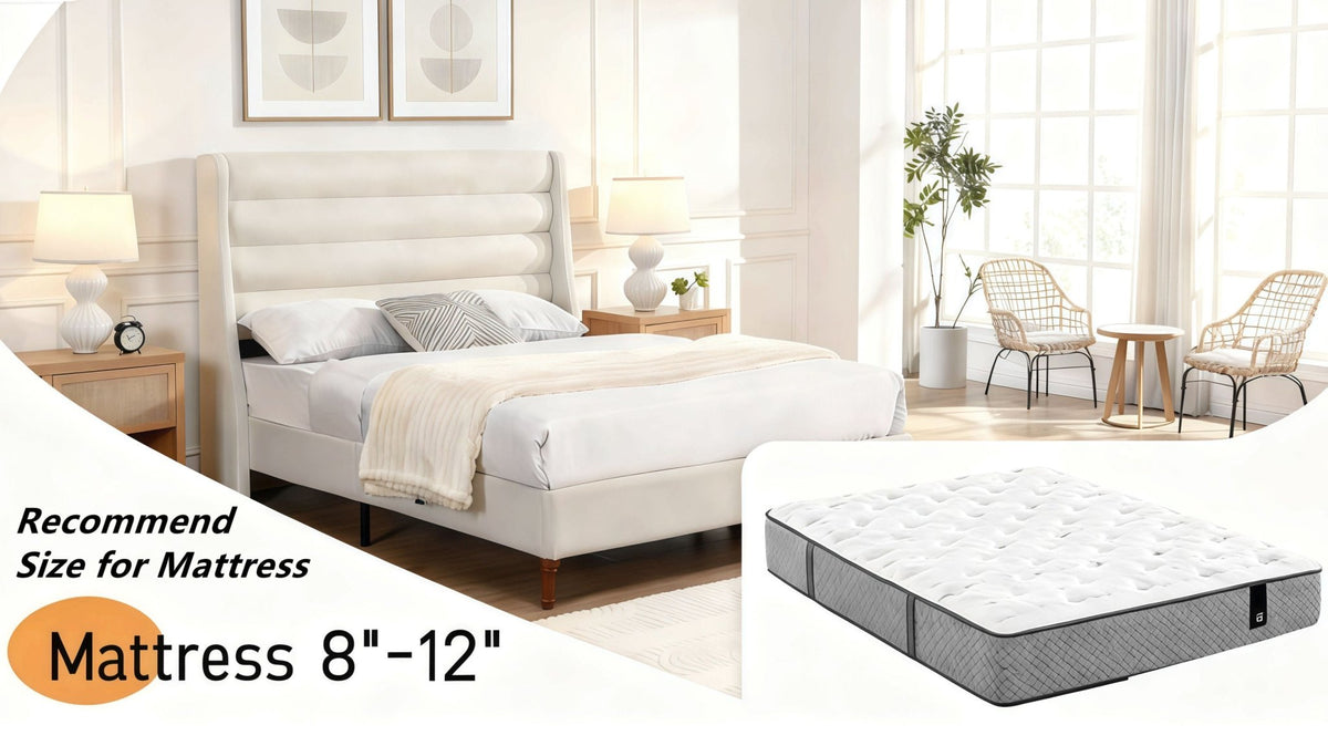 Upholstered bed frame with wave-shaped headboard from Anthony & Home’s Exclusive Collection, featuring plush fabric and modern design.