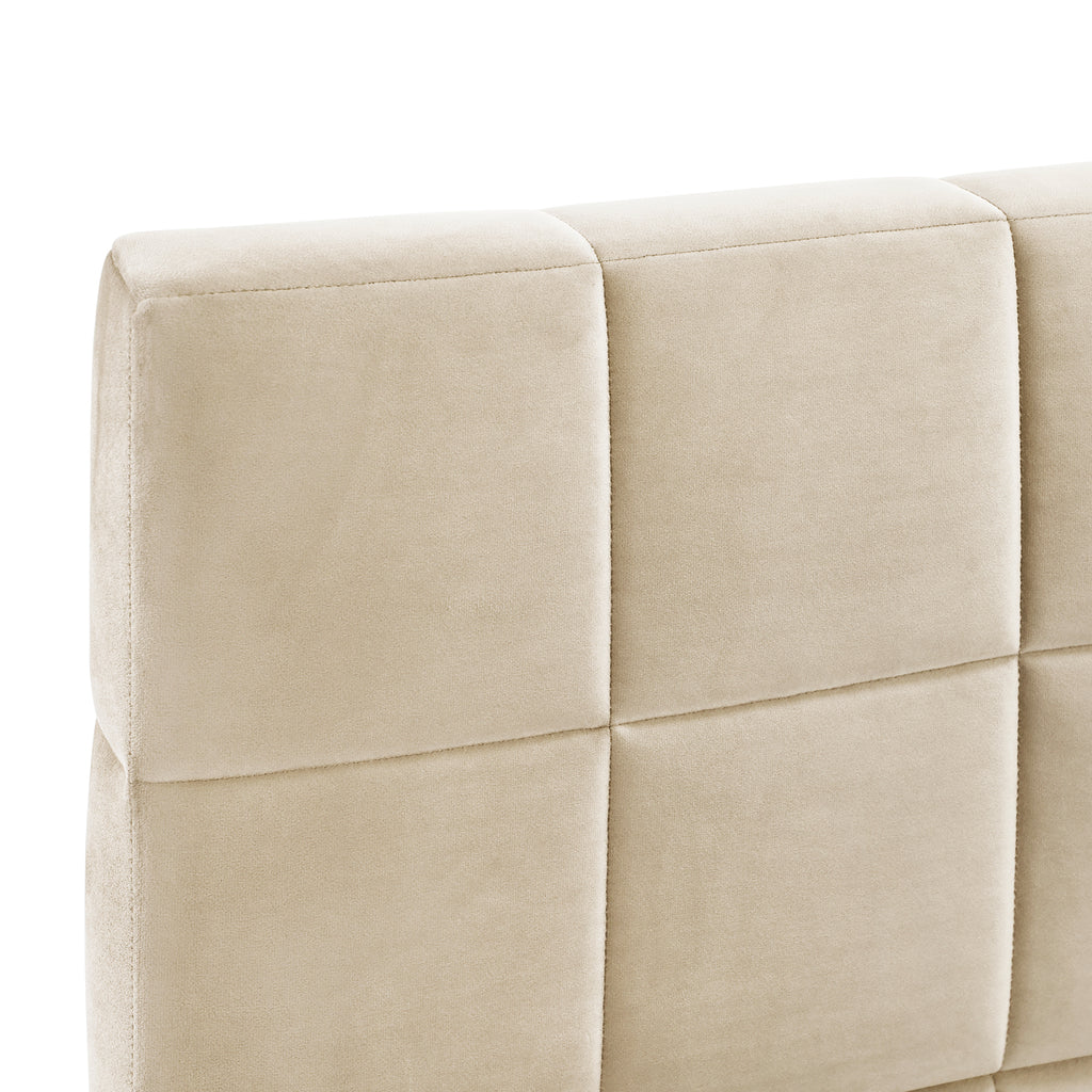 Beige velvet full size daybed frame from Anthony & Home's Atelier Collection, featuring a plush upholstered headboard and wooden legs.