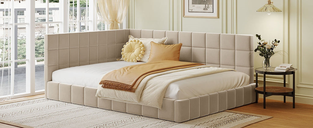 Velvet beige full size daybed frame from Anthony & Home's Atelier Collection, featuring a stylish and sturdy design.