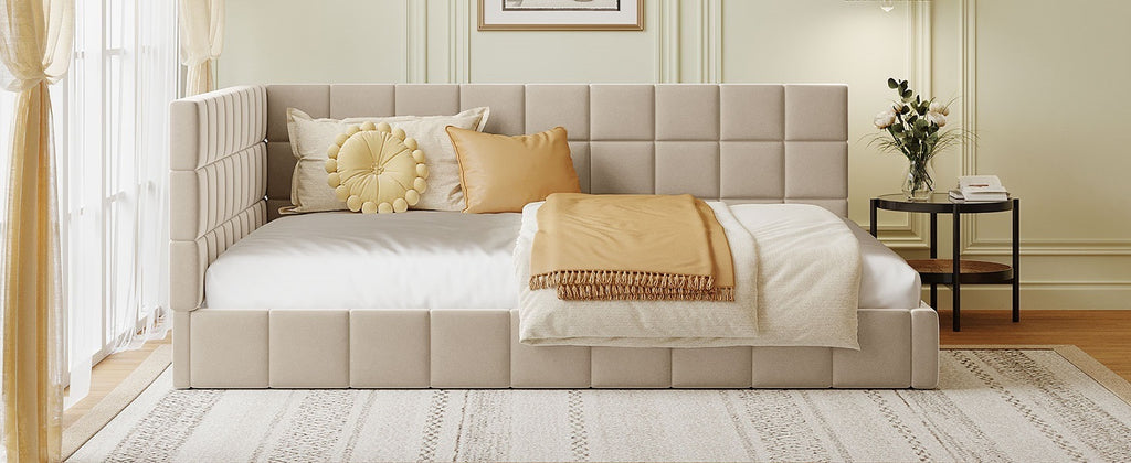 Beige velvet full size daybed frame from Anthony & Home's Atelier Collection with a sleek, modern design and wooden legs.