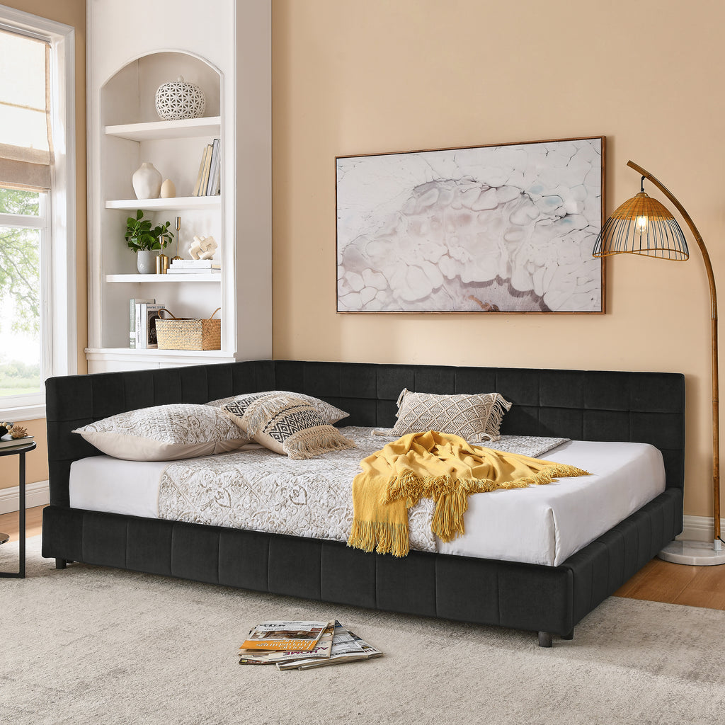 Anthony & Home velvet queen bed frame with tufted backrest and modern studio design, shown with plush upholstery and sturdy construction.