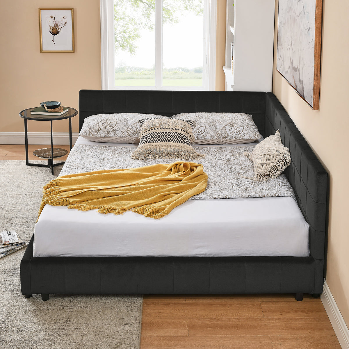 Velvet queen bed frame with tufted backrest from Anthony & Home, showcasing a stylish upholstered design for bedroom decor.