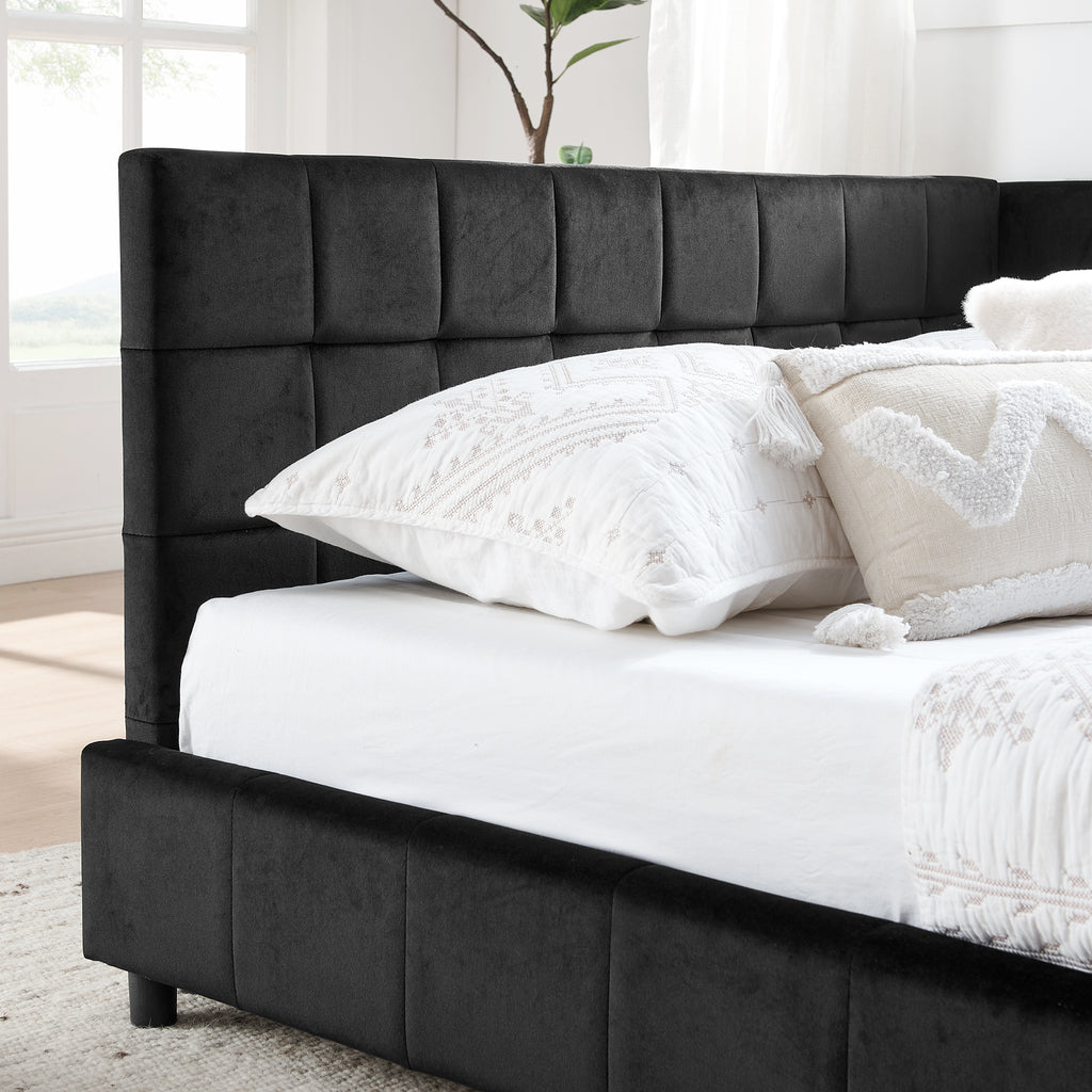 Velvet queen bed frame with tufted backrest from Anthony & Home, featuring a stylish, cushioned headboard in a modern bedroom setting.