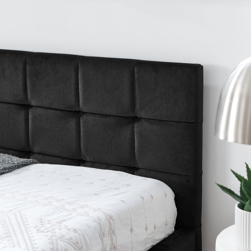 Velvet queen bed frame with tufted backrest from Anthony & Home, showcasing a stylish and comfortable bedroom centerpiece.
