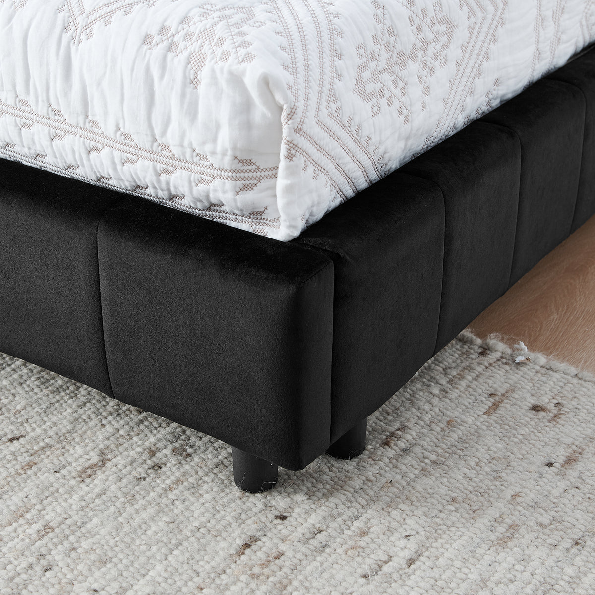 Velvet queen bed frame with tufted backrest from Anthony & Home, stylish and comfortable bedroom furniture.
