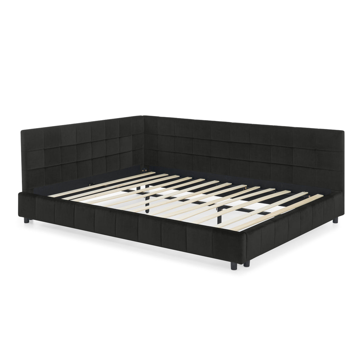 Velvet queen bed frame with tufted backrest and modern design, Anthony & Home studio bedroom furniture.