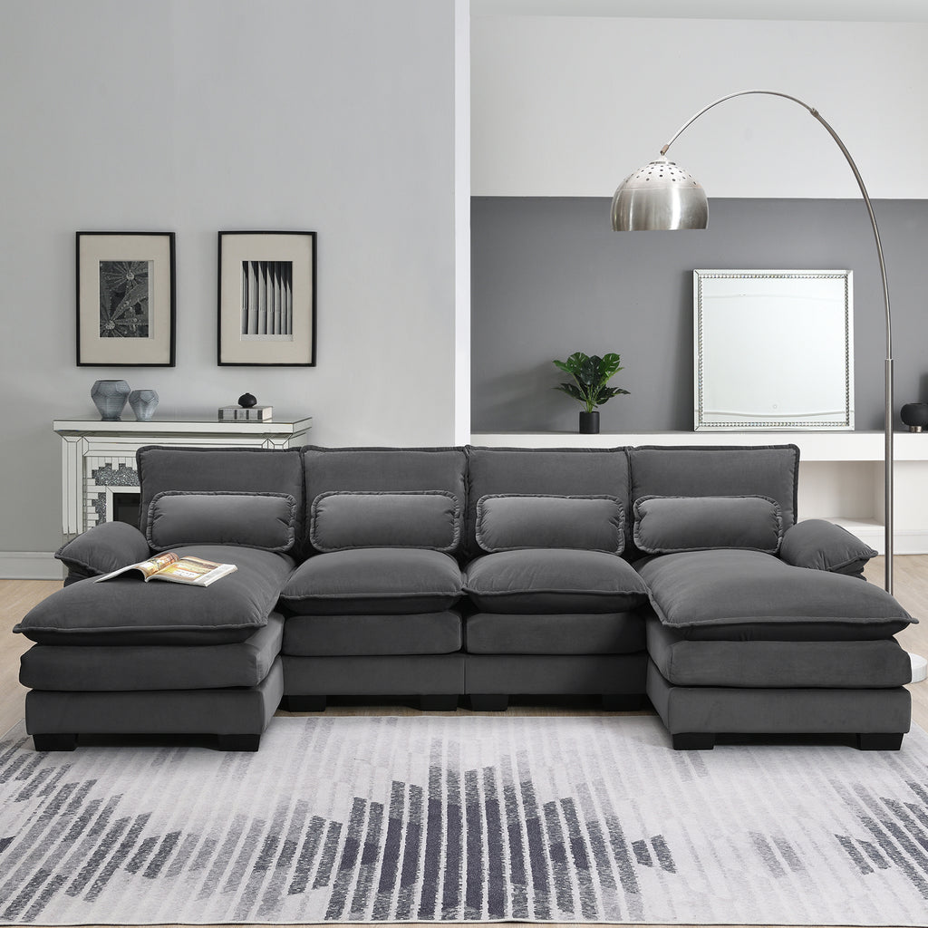 Velvet U-shaped sectional sofa with chaise from Anthony & Home's Luxe Collection, featuring plush upholstery and modern design.