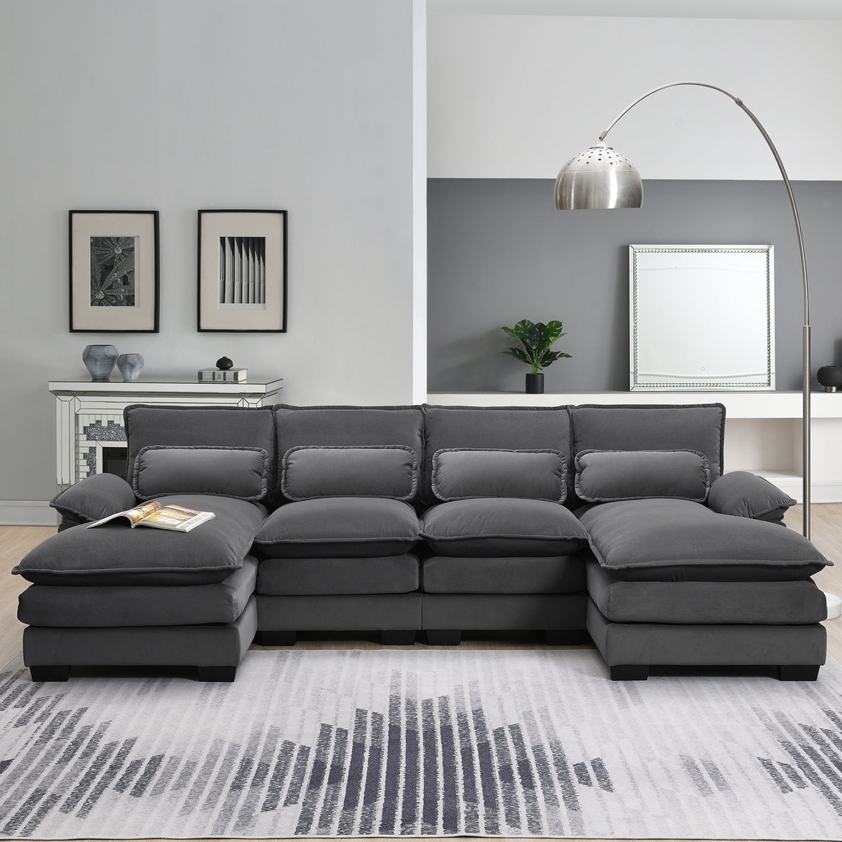 Velvet U-shaped sectional sofa with chaise from Anthony & Home's Luxe Collection, featuring plush upholstery and modern design.