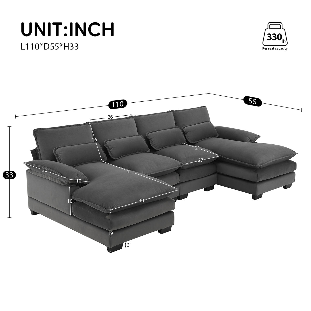 Velvet U-shaped sectional sofa with chaise from Anthony & Home Luxe Collection, showcasing plush upholstery and modern design.