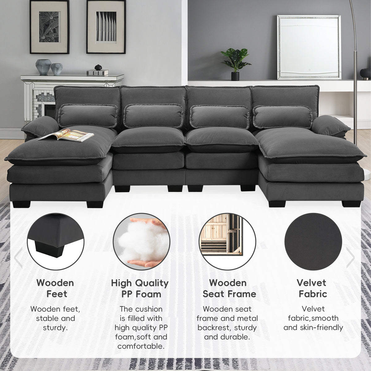 Velvet U-shaped sectional sofa with chaise from Anthony & Home Luxe Collection, featuring plush upholstery and spacious seating.