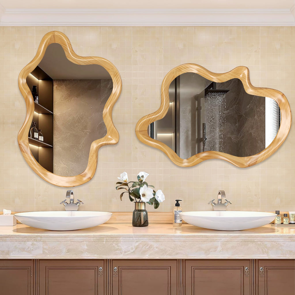 Wall mirror with natural wood frame and irregular silhouette by Anthony & Home, showcasing a stylish, organic design.