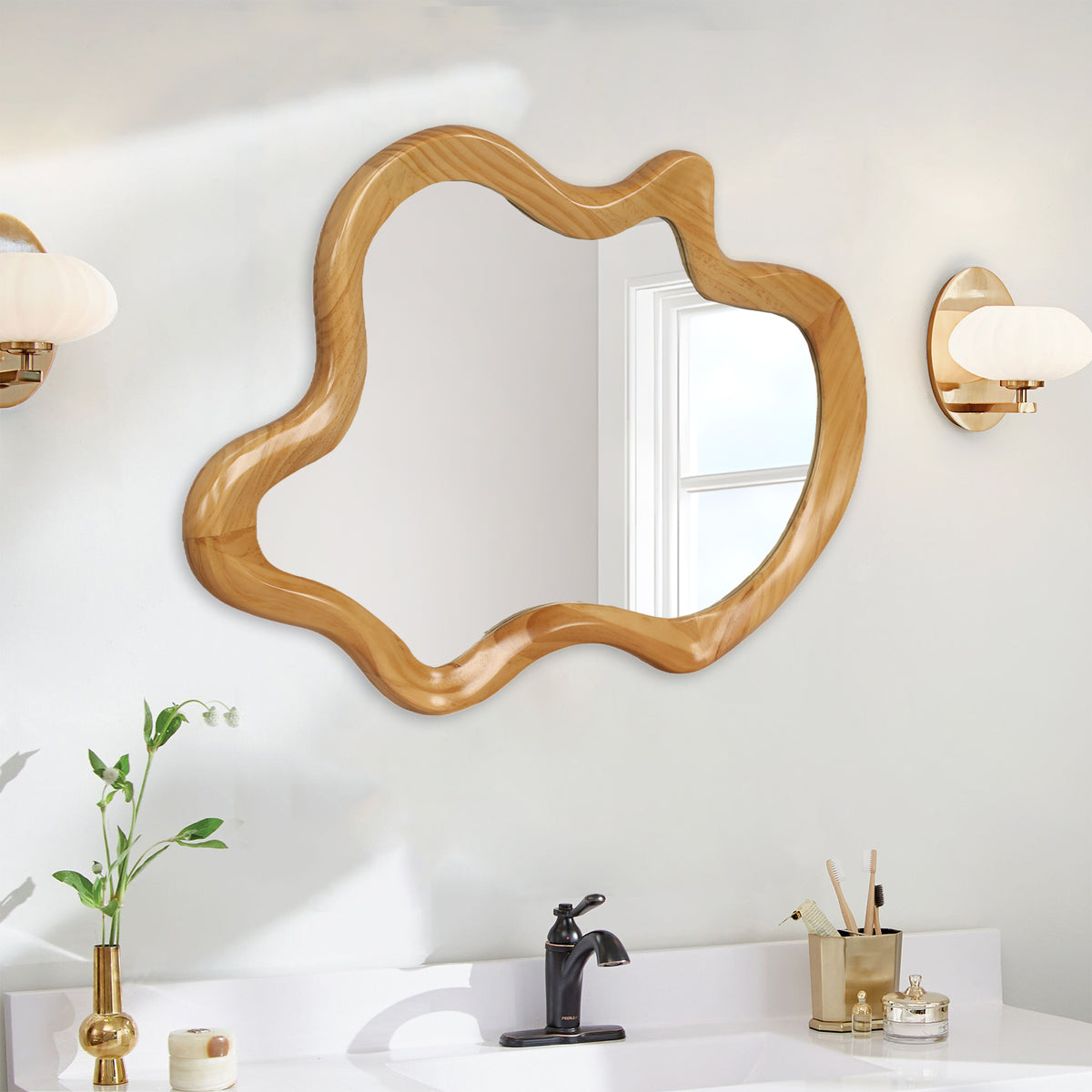 Wall mirror with natural wood frame featuring an irregular silhouette, designed by Anthony & Home for modern, stylish decor.