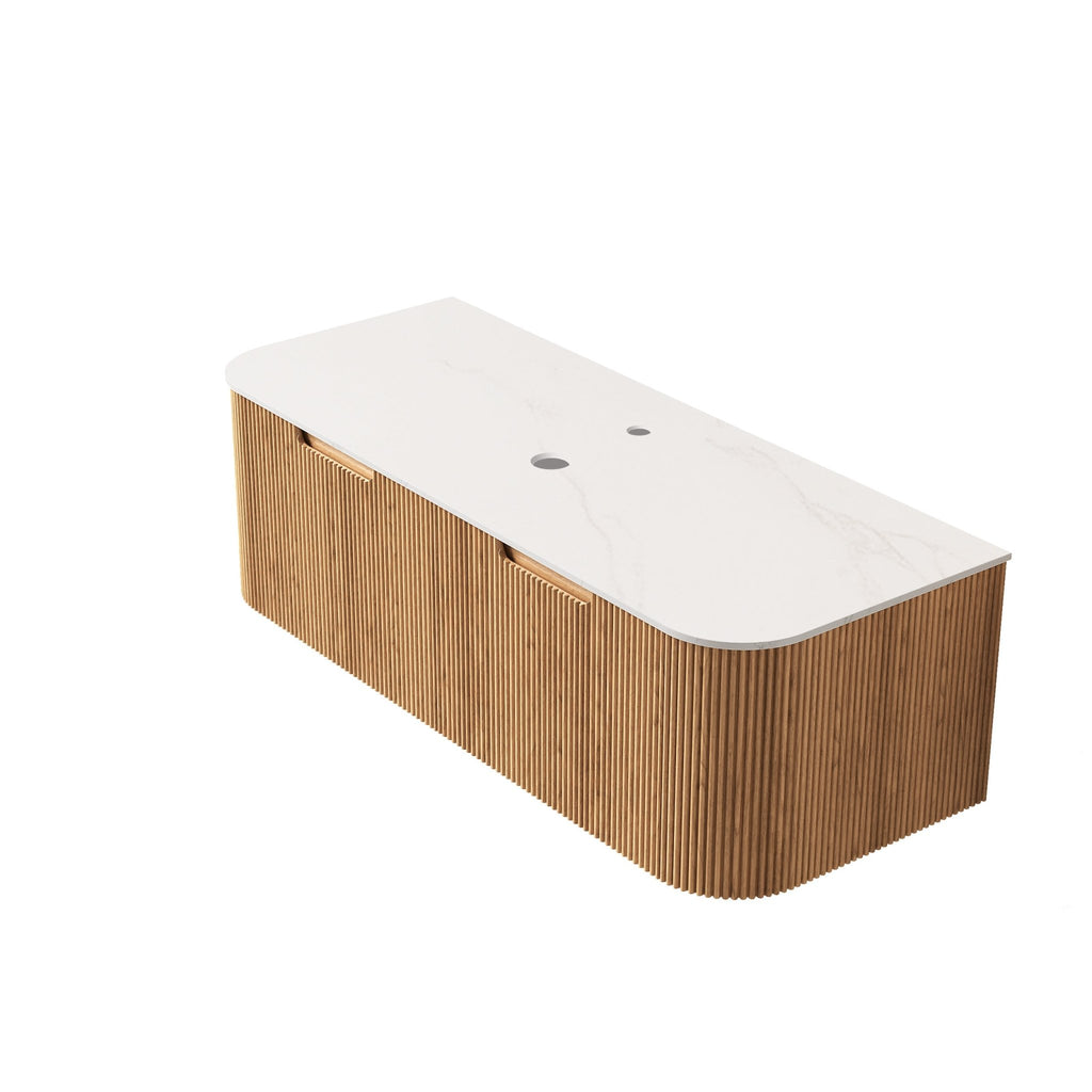 Wall-mounted Anthony & Home Atelier cabinet with Carrara white sintered stone countertop and two drawers in a modern design.
