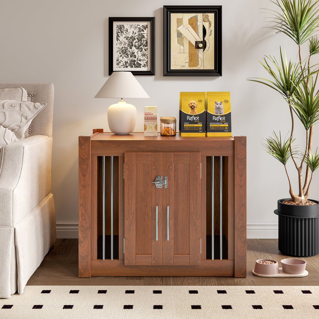 Walnut 2-in-1 nightstand and dog kennel from Anthony & Home's Atelier Collection, featuring a sleek wooden design with functional storage.