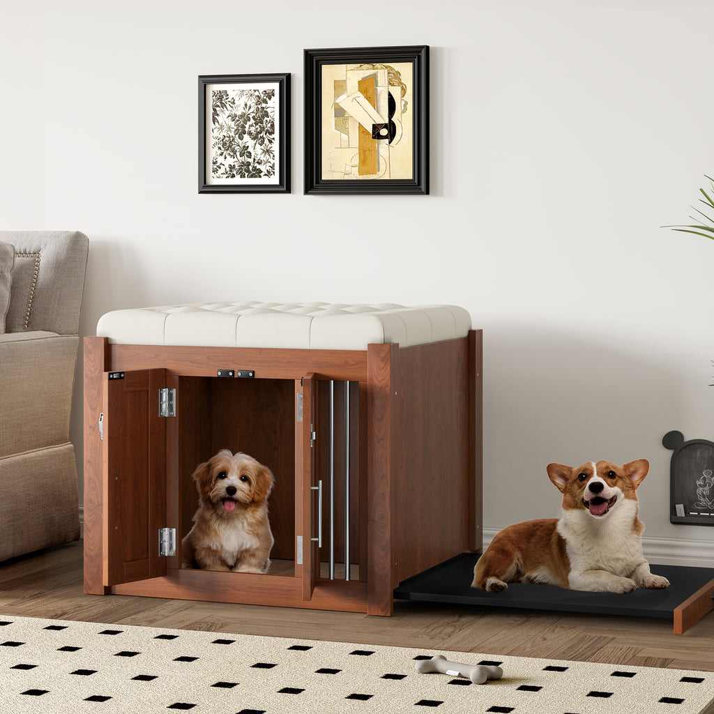 Walnut 2-in-1 nightstand and kennel from Anthony & Home's Atelier Collection, showing a stylish wooden furniture piece with storage and pet space