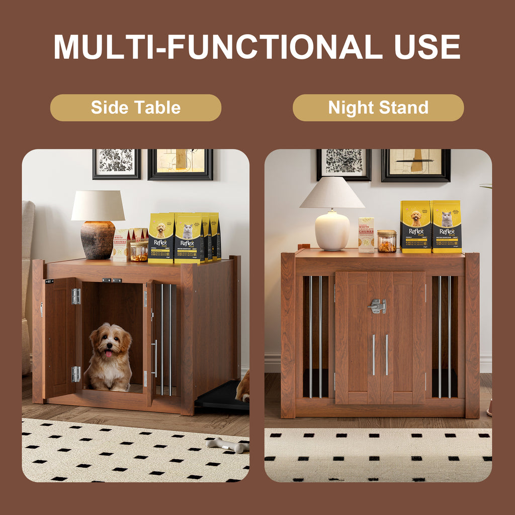 Walnut 2-in-1 nightstand and pet kennel from Anthony & Home's Atelier Collection, showcasing a stylish multifunctional furniture piece.