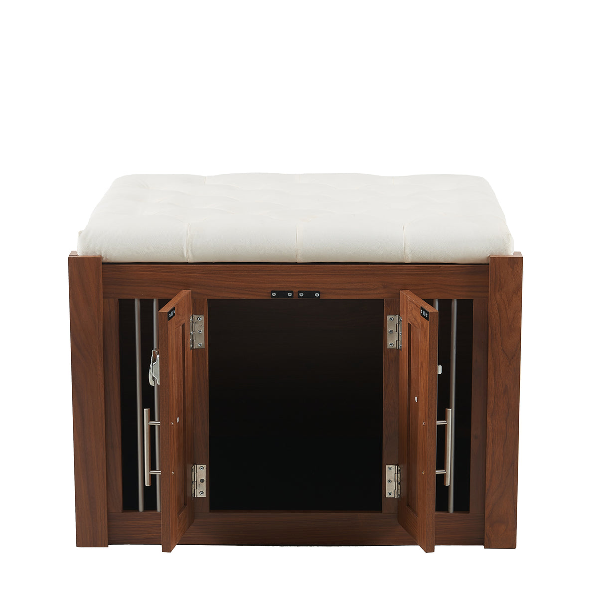 Walnut Anthony & Home 2-in-1 nightstand and pet kennel from the Atelier Collection, featuring sleek wood design and functional storage.