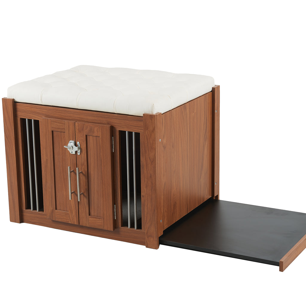 Walnut 2-in-1 nightstand and kennel from Anthony & Home's Atelier Collection, featuring a sleek wooden design with storage and pet space.