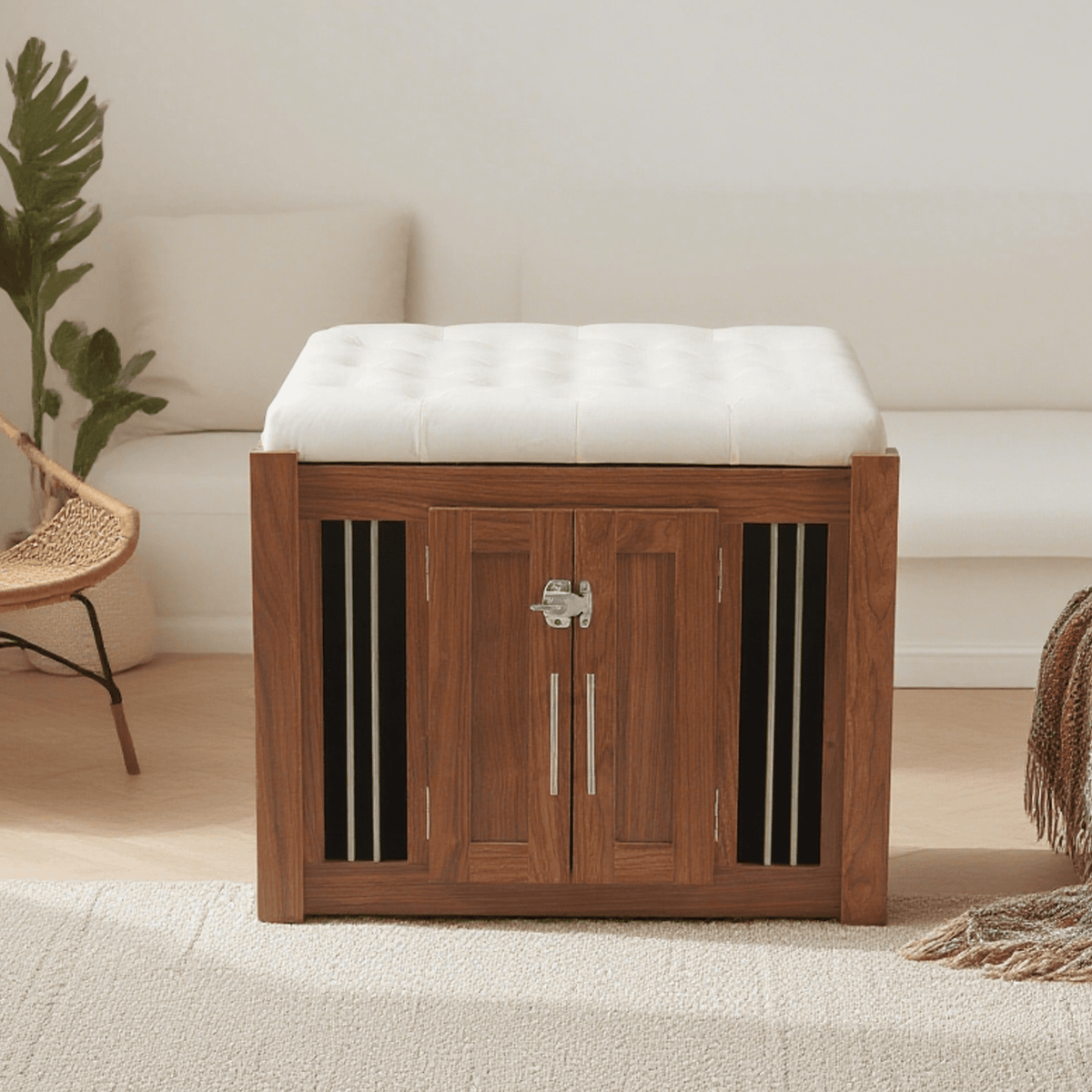 Walnut 2-in-1 nightstand and kennel from Anthony & Home's Atelier Collection, showcasing a sleek, functional furniture piece.