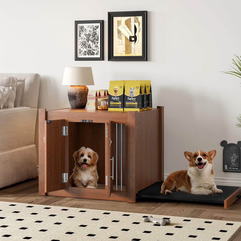 Walnut 2-in-1 nightstand and kennel from Anthony & Home's Atelier Collection, featuring a sleek wooden design and functional storage.