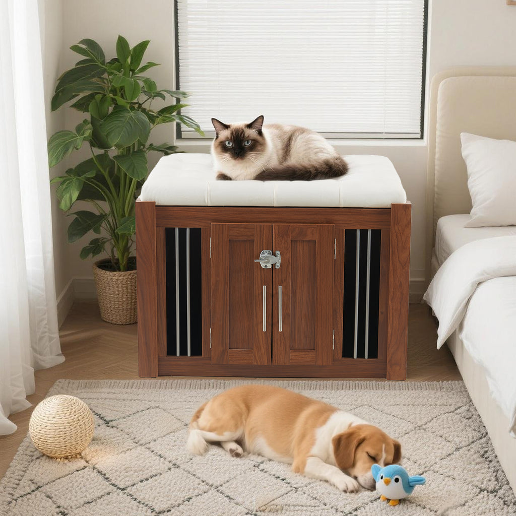 Walnut 2-in-1 nightstand and kennel from Anthony & Home's Atelier Collection, featuring a sleek wooden design with storage and pet space.