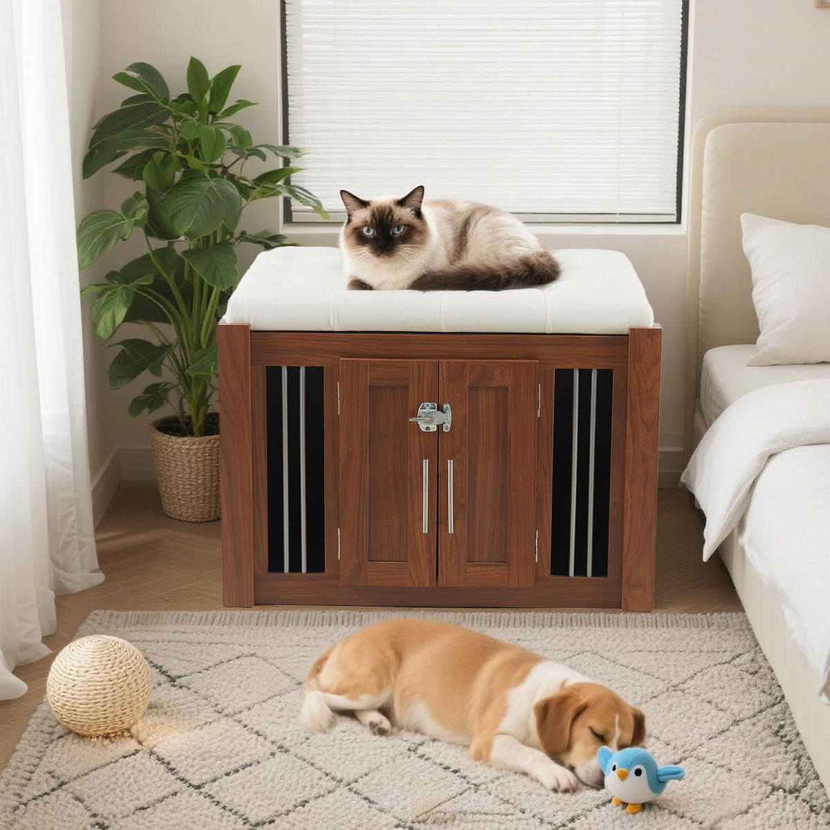 Walnut 2-in-1 nightstand and kennel from Anthony & Home's Atelier Collection, featuring a sleek wooden design with storage and pet space.