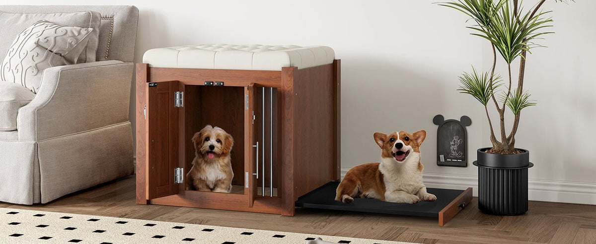 Walnut 2-in-1 nightstand and pet kennel from Anthony & Home's Atelier Collection, showcasing a stylish, functional furniture piece.