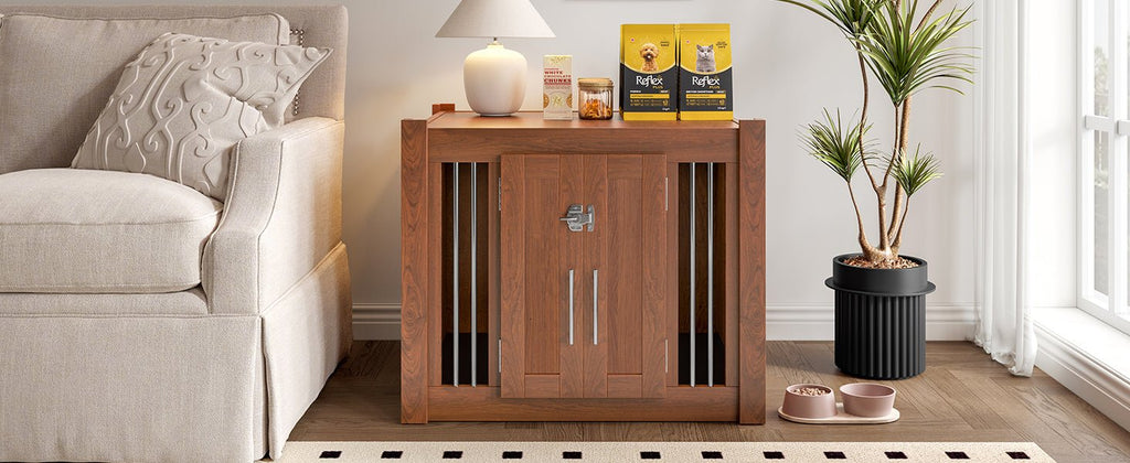 Walnut 2-in-1 nightstand and kennel from Anthony & Home's Atelier Collection, featuring a sleek wooden design with storage and pet space.