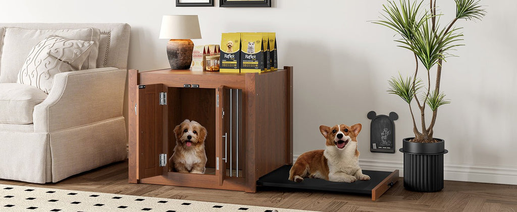 Walnut 2-in-1 nightstand and kennel from Anthony & Home's Atelier Collection, featuring a stylish dual-purpose design.
