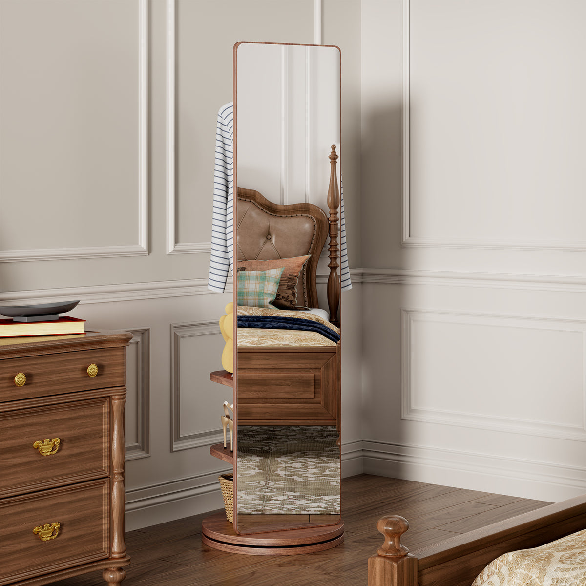 Walnut 360-degree rotating full-length mirror by Anthony & Home showing a sleek wooden frame and full reflection view