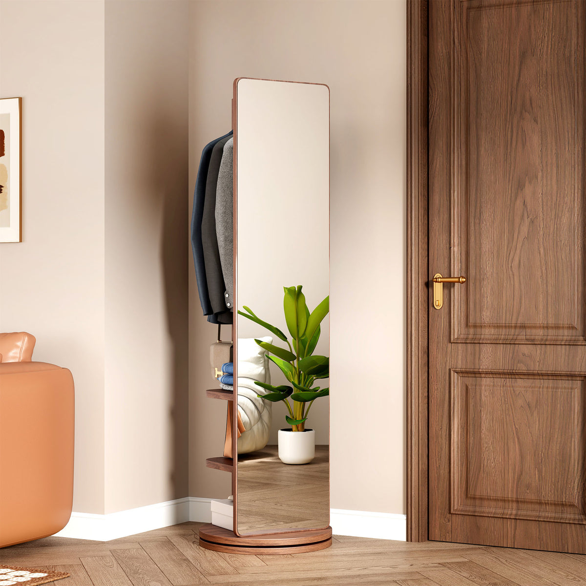 Walnut 360-degree rotating full-length mirror by Anthony & Home showing a sleek wooden frame and reflective glass surface.
