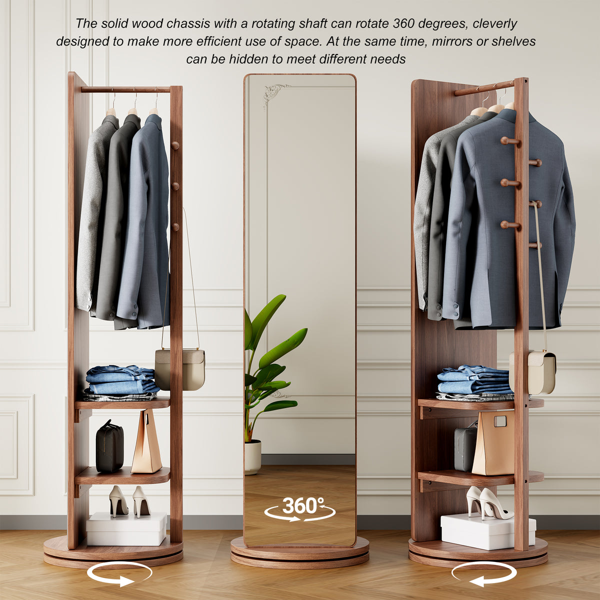 Walnut Anthony & Home 360-degree rotating full-length mirror with wooden frame and stand, showing reflection and adjustable angles.